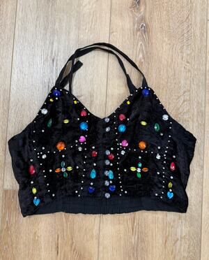 Vintage Y2K Retro Black Velvet Jeweled Rhinestone Halter Crop Top Size M